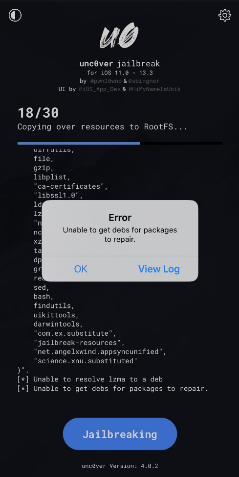 unc0ver4.0.2版越狱在18时报错解决方法